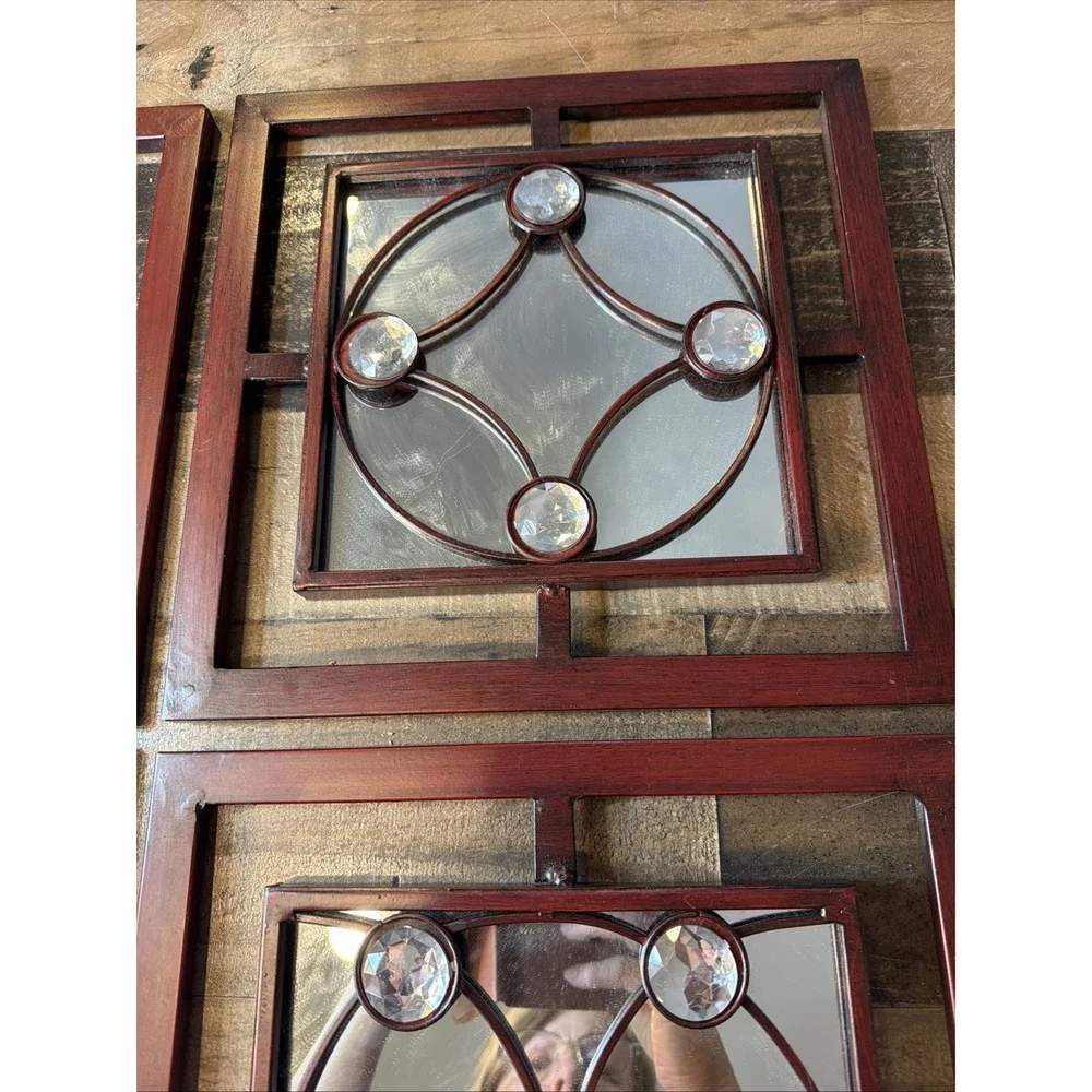 Set of 4 Vintage Gothic Wall Mirrors Red Metal Geometric Jeweled Window Panels